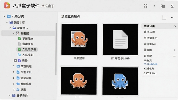 八爪盒子软件中智能分类功能预览图，界面左侧为分类树状列表，右侧展示文件缩略图与属性信息，背景采用浅灰色调，突出图标与文字标签