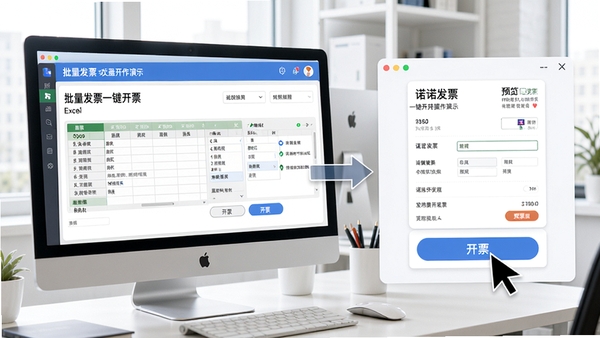 诺诺发票一键开票操作演示，界面展示批量导入Excel表格后自动填充发票信息的过程，光标点击开票按钮，右侧显示发票预览，背景为电脑屏幕和办公桌，色调明亮清晰