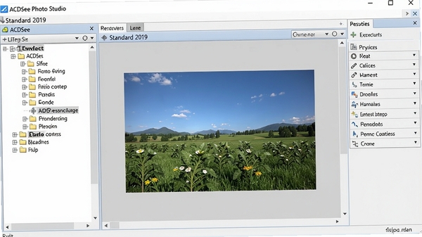 ACDSee Photo Studio Standard 2019主界面展示,左侧文件夹树,中间图片预览区,右侧工具栏,画面清晰明亮,体现软件专业性与易用性