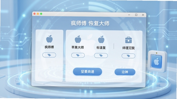 疯师傅苹果恢复大师主界面预览图，展示其清晰的功能分区和简洁的操作按钮，背景为柔和的浅蓝色科技感氛围，整体画面明亮干净