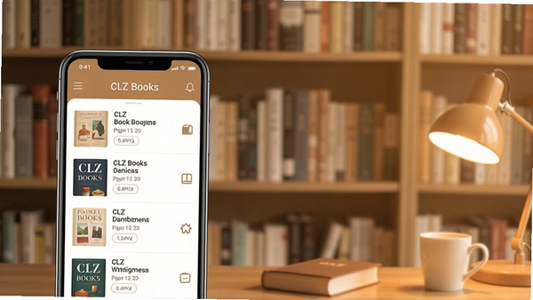CLZ Books主界面展示，书架背景前手机屏幕显示图书列表，界面简洁清晰，突出藏书管理核心功能，整体色调温馨明亮，适合图书管理软件预览图