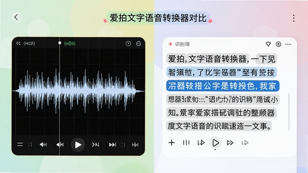 展示爱拍文字语音转换器将一段波形音频转换为整齐文字的对比场景，左侧是音频波形图，右侧是识别出的文字段落，界面高亮显示识别文字，背景简洁，色调明快，体现软件的高效与智能