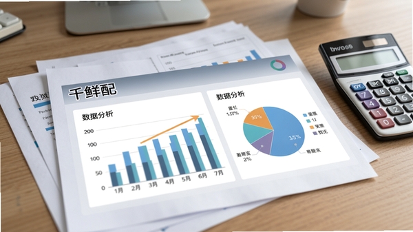 千鲜配数据报表界面，显示柱状图与饼图统计，背景为办公桌面上的报表文件与计算器，风格简约商务，突出数据分析能力