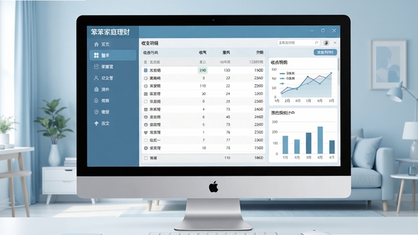笨笨家庭理财主界面预览图,展示软件整体布局,左侧为功能导航栏,右侧为收支明细表格和统计图表,背景为淡蓝色调的现代家居环境,桌面电脑屏幕中清晰显示软件名称“笨笨家庭理财”