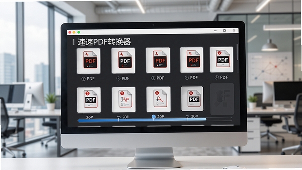 我速PDF转换器批量转换功能界面，多份PDF文件依次排列，进度条显示转换状态，背景为现代办公室环境，电脑屏幕清晰可见