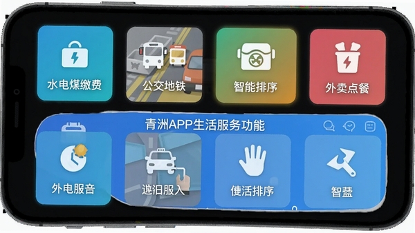 青洲APP生活服务功能界面，展示水电煤缴费、公交地铁、外卖点餐等卡片图标，扁平化设计，色彩明快，智能排序推荐位高亮显示