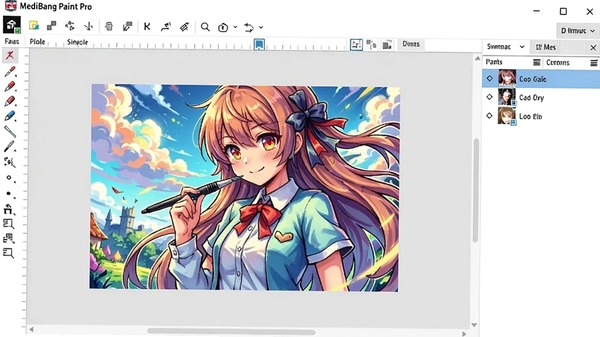 MediBang Paint Pro主界面展示，画布上呈现一幅色彩丰富的动漫插画，左侧是工具栏，右侧是图层面板，整体界面简洁明亮，背景为浅灰色工作区，显示软件名称MediBang Paint Pro