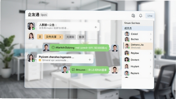 企友通多人群组会话界面截图，展示群公告置顶、文件共享标签页、成员列表，背景为模糊的办公环境，突出聊天窗口的清晰布局，色调明亮舒适