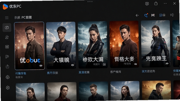 优酷PC客户端主界面展示，深色背景，视频推荐墙，高清海报，流畅UI设计，现代感，4k细节
