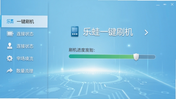乐蛙一键刷机主界面预览图,展示简洁的向导式操作流程,左侧为功能导航栏,右侧显示当前设备连接状态与刷机进度条,背景为淡蓝色科技感渐变,整体风格明亮清晰