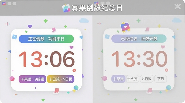 幂果倒数纪念日功能展示图，画面分为左右两部分，左侧显示一个正在倒数的日期卡片，右侧显示一个已经过去日子的正数天数，卡片上配有彩色标签和数字，背景为浅灰色，软件名称“幂果倒数纪念日”出现在顶部