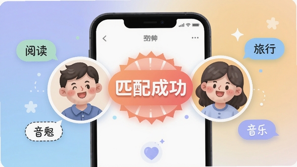 中年欢爱聊匹配功能示意图,手机界面显示两个卡通头像正在连接,周围漂浮着兴趣标签如阅读、旅行、音乐,背景是柔和渐变色,画面中心突出“匹配成功”字样