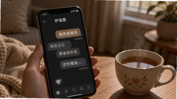 中年欢爱聊关怀模式界面,大字体显示聊天消息,背景为柔和的暗色护眼模式,手机旁放着一杯热茶,画面宁静舒适