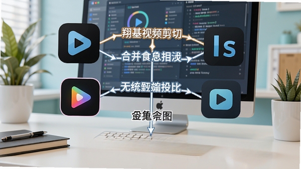 翔基视频剪切合并功能对比示意图，展示多款视频软件图标并列摆放，中间有对比线条与文字标注，背景为现代办公桌面，色彩明快，细节丰富，风格清新