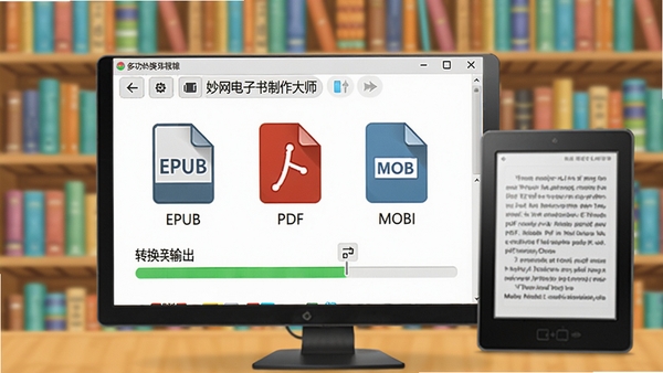妙网电子书制作大师格式转换界面，屏幕上显示EPUB、PDF、MOBI三种格式图标，旁边有转换进度条，背景为书架与电子阅读器，色彩明亮，突出多功能输出特性