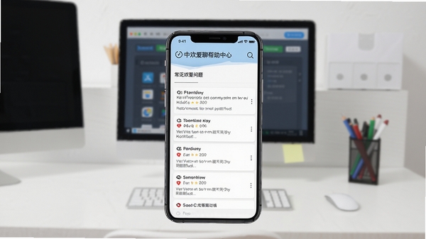 中年欢爱聊帮助中心截图,手机屏幕显示常见问题列表,背景为简洁的客服工作台,画面清晰明了