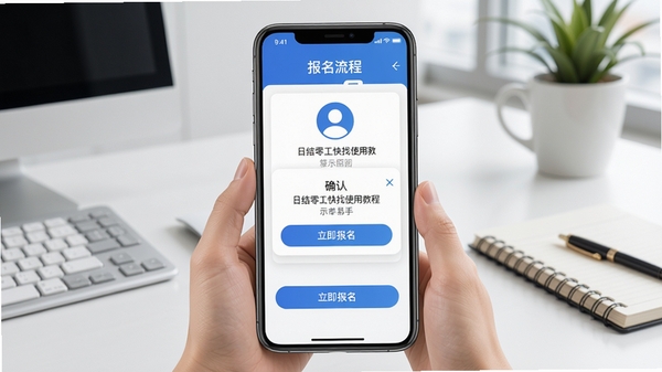日结零工快找使用教程示意图,手机界面展示报名流程,用户点击立即报名按钮,弹出确认对话框,背景为简洁的办公桌,强调操作简单易上手
