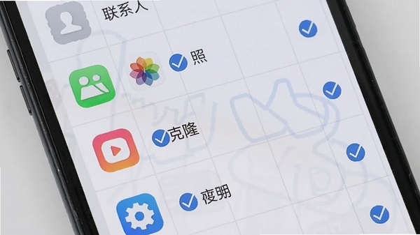 手机屏幕展示数据分类列表，包含联系人、照片、视频、应用等图标，每个图标旁有勾选标记，背景为浅灰色网格，风格简洁清晰，强调换机极速手机克隆的全能迁移特性