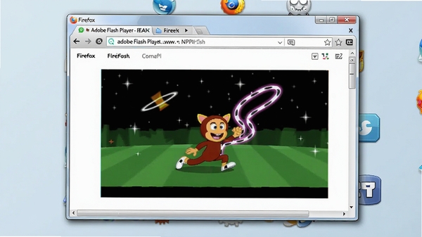 Adobe Flash Player 非IE版 - NPAPI 在Firefox浏览器中正常播放动画的截图场景,地址栏与标签页清晰可见,页面内容为彩色Flash动画,浏览器窗口置于浅色桌面背景中央,画面简洁明亮