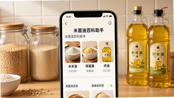 画面主体为一部智能手机屏幕占据视觉中心，屏幕上清晰显示米面油百科助手的应用界面，界面内有米、面、油等食材的图片和文字介绍。背景区域采用暖色调的厨房场景，有装满谷物的透明罐子和瓶装食用油作为装饰，整体风格写实、明亮、清晰，突出生活化和知识感。