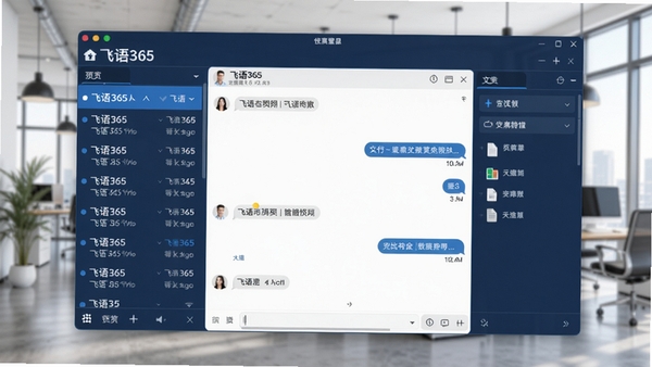 飞语365主界面预览图，整洁的深蓝色调桌面软件窗口，左侧为会话列表，右侧为清晰的对话框和文件传输面板，背景为虚化的现代办公室环境，整体画面明亮且专业