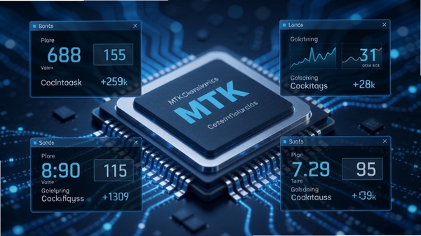 MTK软件功能展示图，画面中央为芯片微距特写，周围环绕着数据显示窗口，展示频率、核心数等参数，科技蓝为主色调，背景有流动的数据光线