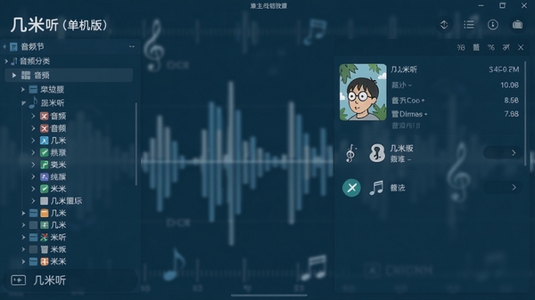 几米听(单机版)软件主界面预览图,界面以深蓝色为主色调,左侧为音频分类树状列表,右侧为曲目详细信息面板,背景为模糊的音乐波形图,整体风格现代简洁,高清渲染,突出软件名称与桌面端布局