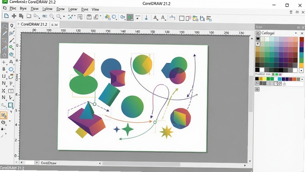 CorelDRAW 21.2软件启动界面，展示矢量绘图工作区，左侧工具栏，右侧颜色面板，中央画布上有彩色几何图形和流畅曲线，界面清爽明亮，背景为浅灰色专业工作环境