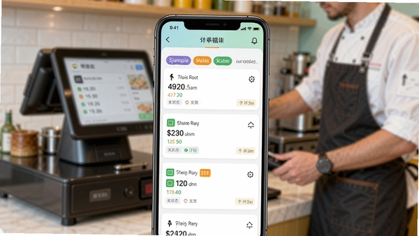 外卖开店商家软件的订单聚合功能操作界面，画面展示多个外卖平台的订单信息同时呈现在一个智能手机屏幕列表中，背景为模糊的餐厅收银台场景，突出订单分类标签和状态高亮显示，色调明快清晰