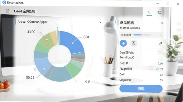小番茄C盘清理软件主界面截图，展示磁盘空间分析饼图与清理按钮，界面风格简洁明亮，背景为现代办公桌面环境