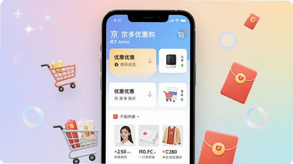 京多优惠购应用主界面，手机屏幕显示优惠券列表和折扣商品，背景为柔和渐变色，购物车与红包元素点缀，整体风格现代简约，高清渲染图
