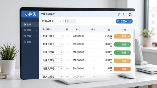 小件侠快递批量查询助手主界面截图，显示批量导入单号后的物流列表，清晰标记已签收、运输中状态，背景为整洁的办公桌面，整体色调清爽明亮