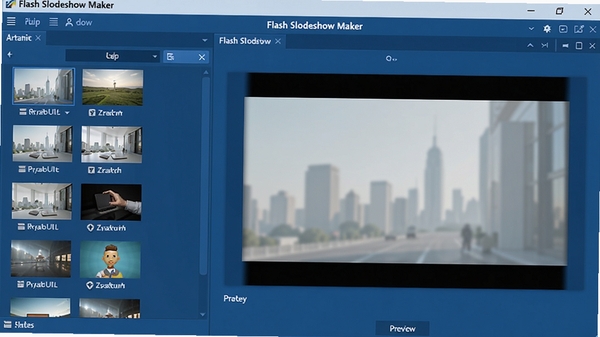 Flash Slideshow Maker 软件主界面预览图，左侧为素材列表，右侧为预览窗口，整体界面布局清晰，采用蓝色调现代风格，展示软件核心功能区域