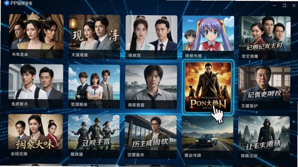 PP视频内容库界面，屏幕上以网格形式展示各类影视剧封面，包括古装剧、现代剧、动漫、纪录片等，封面色彩鲜艳，排列整齐，背景为科技感蓝色光线与数据流，画面中有一个鼠标指针正在点击一部热门电影封面，突出资源丰富与更新迅速的特点，高清画质，细节丰富，软件界面截图风格