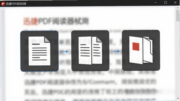 迅捷PDF阅读器阅读模式切换界面，展示单页、连续、双页三种模式图标，背景为文档内容模糊效果，强调功能选择，软件名称以水印形式出现在右下角