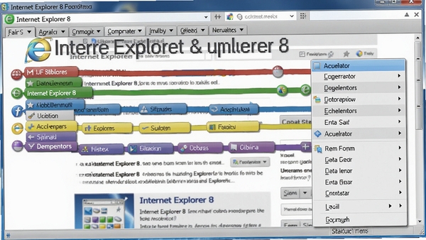 Internet Explorer 8 标签页和加速器功能展示，画面显示彩色标签分组和右键加速器菜单，背景为网页内容，突出便捷操作