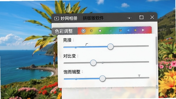 妙网相册拼版软件色彩调整面板特写，显示亮度、对比度、饱和度滑块，背景是一张色彩鲜艳的风景照片，界面风格简洁专业