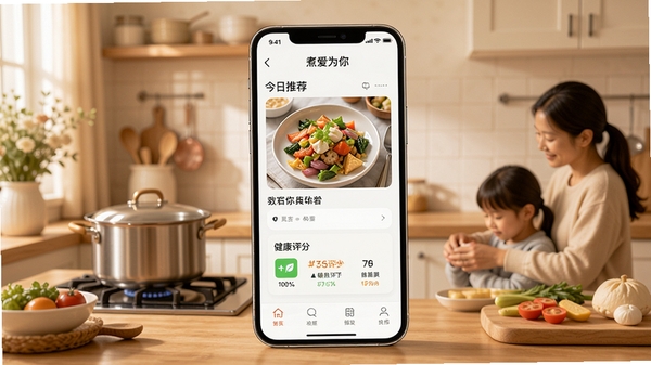 展示煮爱为你软件主界面,画面中央是一个温馨的厨房场景,手机屏幕上显示着今日推荐菜谱和健康评分,背景是柔和的暖色调,突出家庭烹饪的温馨氛围,界面元素清晰可见,整体风格明亮干净。