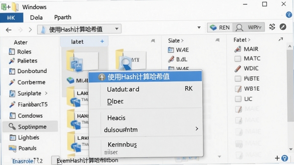 Windows文件资源管理器中,一个文件上弹出右键菜单,菜单项显示“使用Hash计算哈希值”,背景为文件列表,画面简洁,图标清晰,8k分辨率