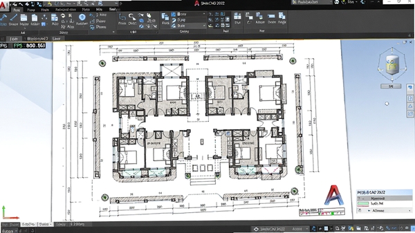 浩辰CAD 2022 流畅打开并旋转一张复杂的建筑总平面图，局部线条密集区域显示清晰锐利，软件界面左上角有FPS实时帧率显示，整体观感流畅、无卡顿，体现其高性能图形引擎。