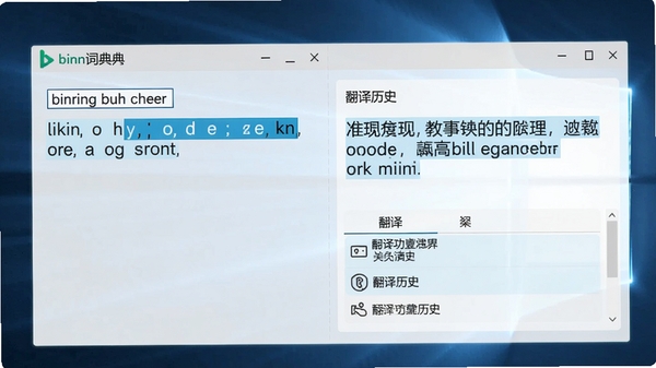 必应词典翻译功能演示,左侧输入英文句子,右侧显示中文译文,界面带有蓝色高亮和翻译历史记录,背景为电脑屏幕
