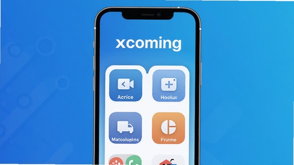 xcoming应用主界面展示，手机屏幕中央显示功能模块图标，背景为渐变色科技蓝，整体风格现代简约，画面清晰明亮，突出软件名称xcoming。