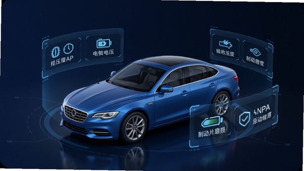 好安全车主APP主界面预览图,画面中央是一辆线条流畅的蓝色轿车3D模型,车体周围环绕着全息投影数据面板,显示胎压、电瓶电压、制动片磨损度等图标,背景是干净的深蓝色科技感渐变,整体风格专业且具有未来感