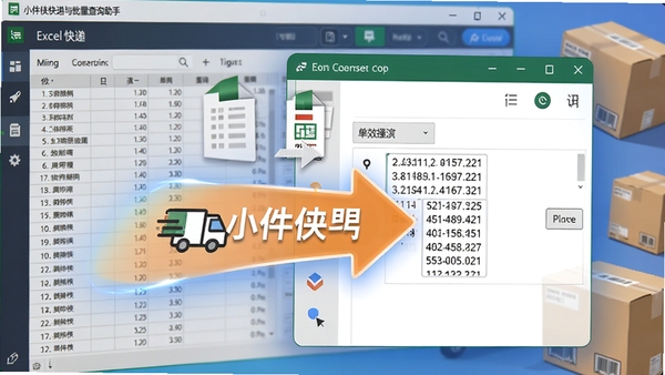 小件侠快递批量查询助手批量导入单号操作演示，界面显示从Excel文件拖拽单号到软件的动画效果，背景为数据表格与快递包裹，突出高效便捷
