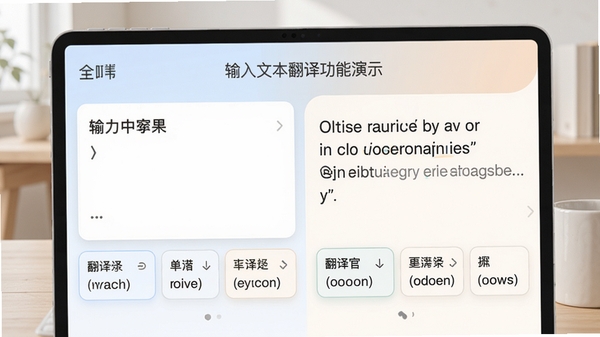 全能翻译官文本翻译功能演示,界面展示中英互译结果,左侧输入中文句子,右侧显示英文翻译,下方附带单词释义卡片,整体界面干净,色彩柔和,突出软件名称