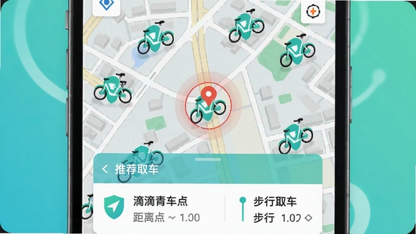 滴滴青桔车辆地图查找功能演示，屏幕中央显示放大的城市街区电子地图，分布着多个青绿色单车图标，其中一个图标带有红色定位圆圈标记，界面下方弹出推荐取车点的信息卡片，显示距离与步行时间，整体画面科技感与实用性结合，色调清新