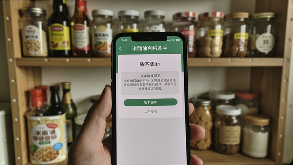 一张展示米面油百科助手APP在手机上运行的实拍图，手机屏幕中显示“版本更新”界面，背景为模糊的厨房置物架，上面摆满瓶瓶罐罐，照片风格生活化，光线柔和，重点突出手机屏幕上的软件界面。