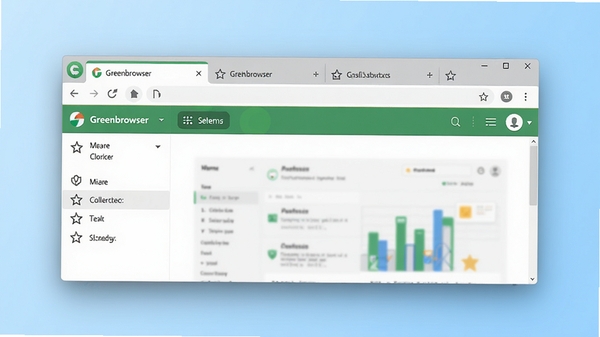 Greenbrowser绿色浏览器主界面预览图，展示多标签栏、菜单按钮、收藏夹区域和网页内容，整体风格清爽简洁，背景为浅蓝色渐变，浏览器窗口居中，周围有柔和的阴影效果，现代扁平化设计风格
