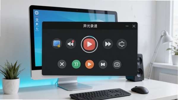 异光录屏软件主界面截图，展示简洁的录制控制面板，背景为现代简约的电脑桌面环境，图标清晰，色彩明快，整体画面干净明亮，突出软件易用性与专业性。