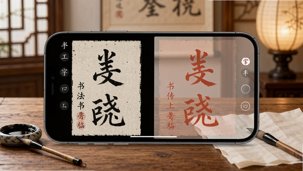 书法临帖练字掌上必备软件主界面预览图，手机屏幕展示高清碑帖临摹页面，左侧是原帖范字，右侧是半透明描红练习区，桌面摆放毛笔、墨碟和宣纸，背景是古风书房，木质书桌和柔和灯光，整体画面清晰明亮，突出掌上练字的便捷感